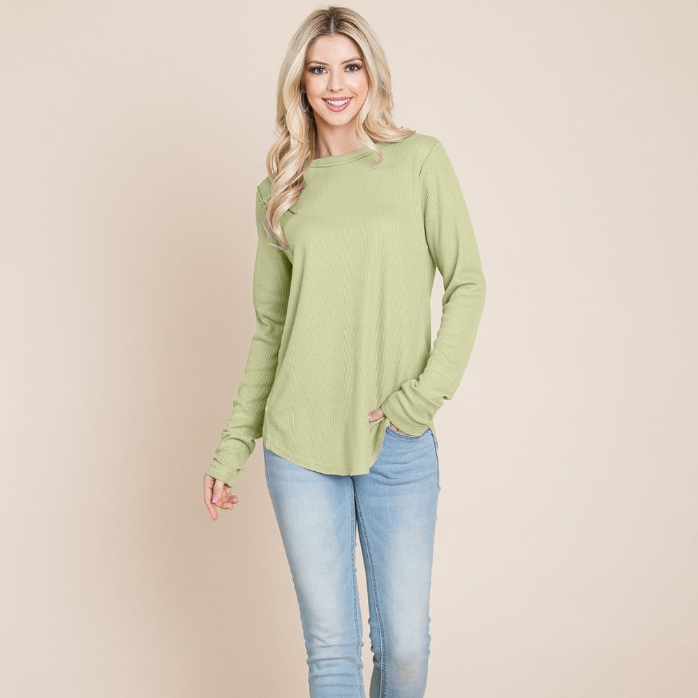 Casual Comfy Knit Waffle Pullover Raw Edge Tops